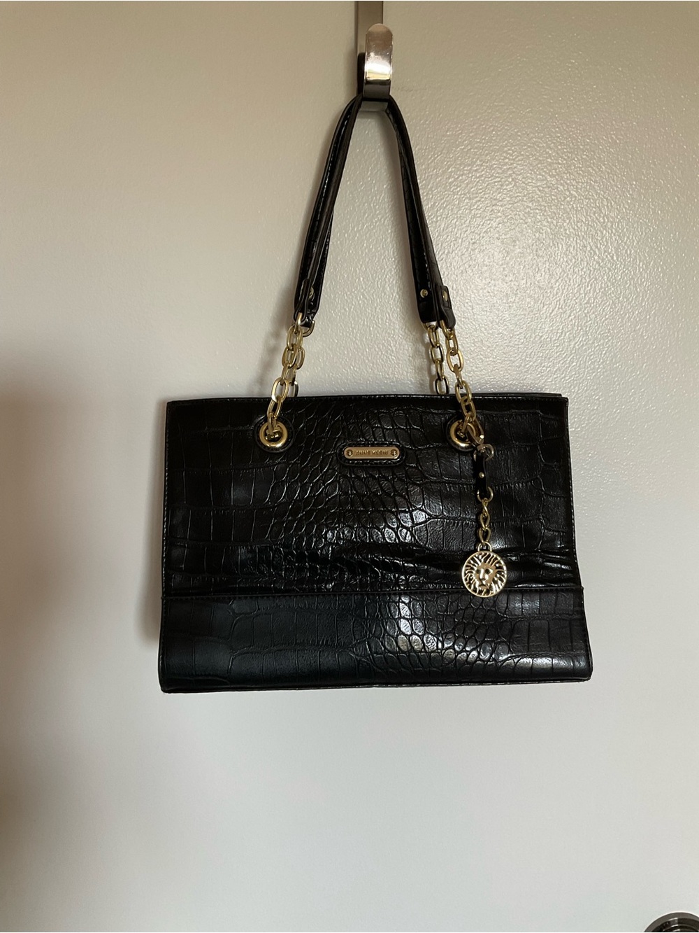 Anne Klein Black Croc-Embossed Shoulder Bag with Chain Handles